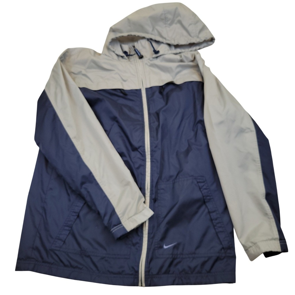 Vintage Nike Two Tone Mens M Hooded Windbreaker Jacket Navy Gray Lined Full Zip